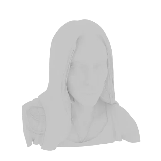 Rendu 3D d'un buste de monarque gris pâle, avec une coiffure détaillée et une expression royale.