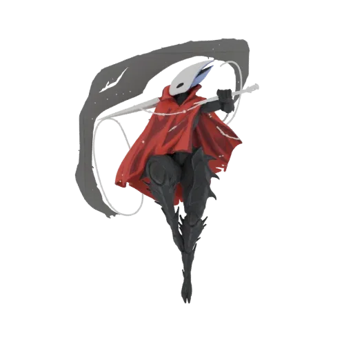 3D model of a warrior in a red cloak holding a scythe, with a white mask and dark armor.