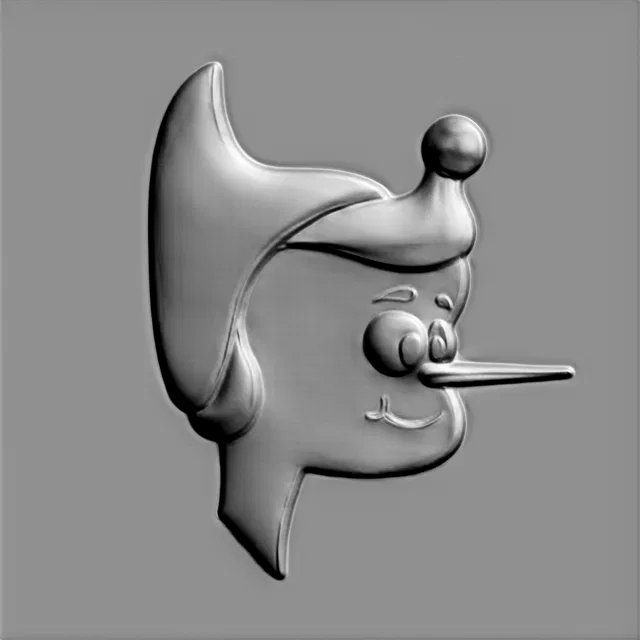3D model of Pinocchio bas-relief in a Christmas hat, side view, emphasizing volume and detail.