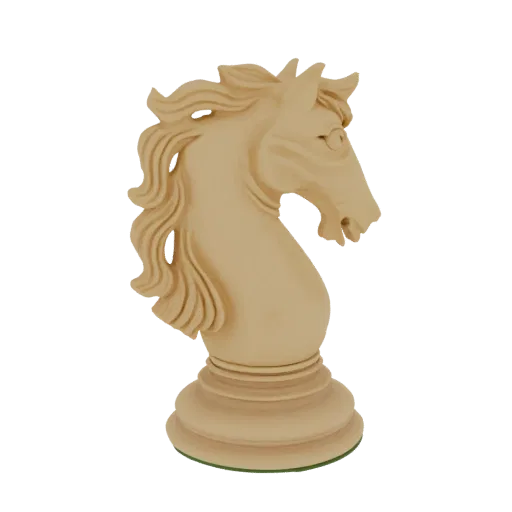 Ein 3D-Render einer klassischen beige Schachfigur Springer, von der Seite betrachtet, mit detaillierter Mähne.