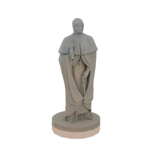3D model of a grey statue of a saintly figure holding a rosary and a cross, standing on a decorative base.