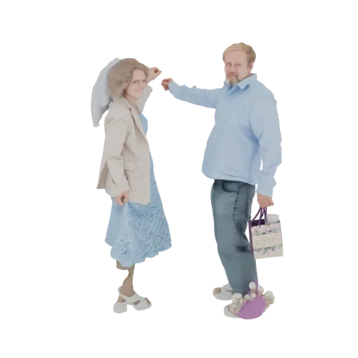 3D model of a smiling couple dancing, the man holding a gift bag, against a white background.