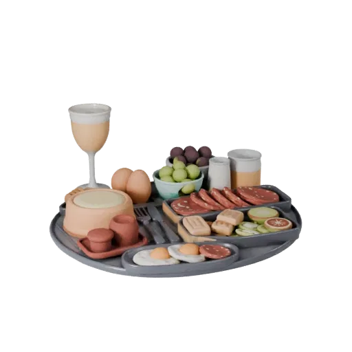 Breakfast Charcuterie Board 3D model, three-quarter front view, Unity viewport, showing ceramic, form detail.