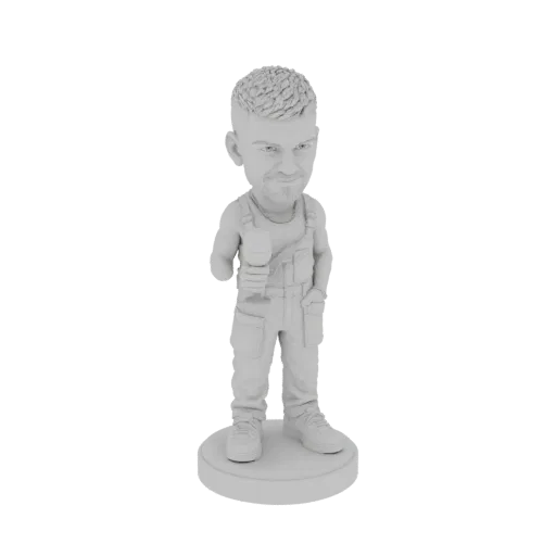 3D model of a bobblehead man wearing overalls and holding a wine glass, standing on a circular base.