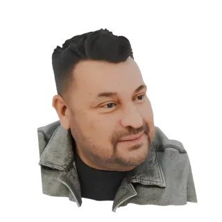 Modelo 3D de hombre con pelo corto oscuro, chaqueta vaquera gris y camiseta negra, mirando de lado.