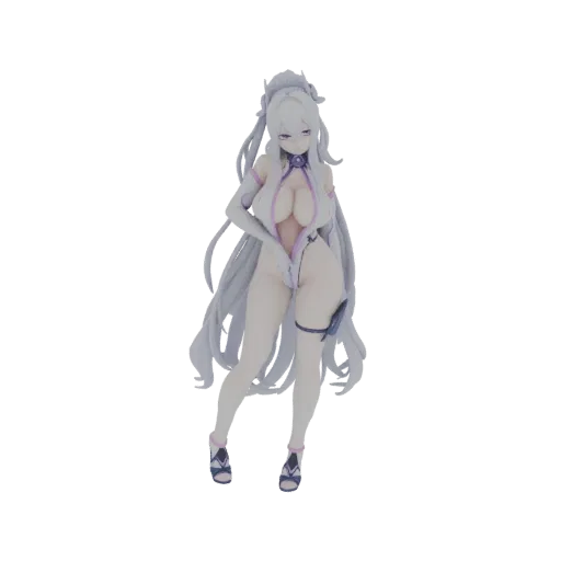 3D model of an anime figure with long silver hair, wearing a white and purple swimsuit, in a dynamic pose.