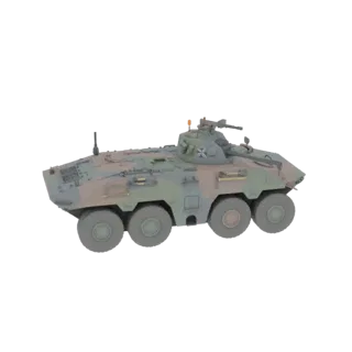 Side view of a 3D model of a German Boxer MRAV armored personnel carrier with camouflage paint.