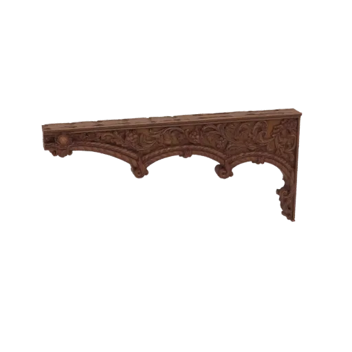 3D model of an ornate carved wooden bracket with detailed floral and vine motifs, presented against a black background.