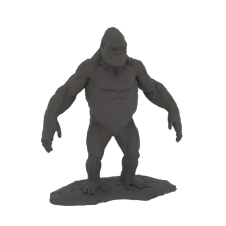 A 3D render of a muscular grey gorilla standing on a textured rocky base, with its arms outstretched.
