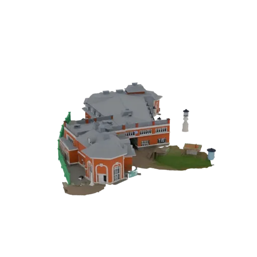 3D model of an ornate red and grey building with detailed windows, a grey roof, and green fencing, set against a white backgr
