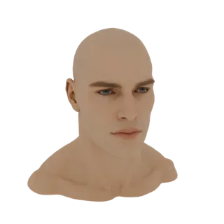 Una renderización 3D de un busto de cabeza y hombros de hombre calvo, con textura de piel realista y ojos azules.