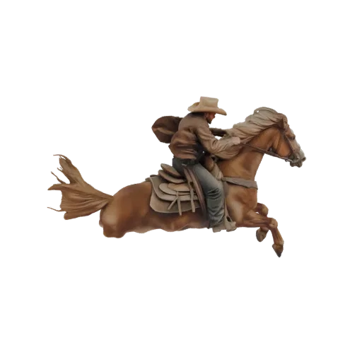 3D model of a cowboy in a hat and jacket riding a brown horse that is rearing up, with its mane flowing.