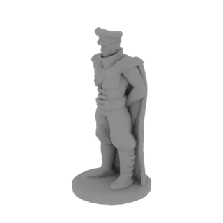 3D model of a stern military commander in uniform with a cape and cap, standing on a circular base.