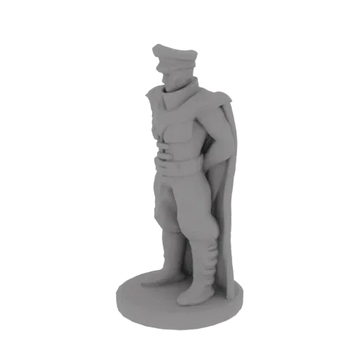Modelo 3D de um severo comandante militar em uniforme com capa e boné, em pé sobre uma base circular.