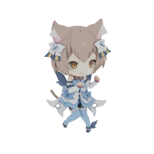 3D model of a cute Chibi Cat Girl with brown hair, cat ears, and a blue and white outfit, striking a playful pose.