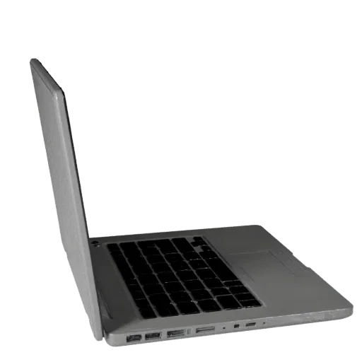 Business Laptop Low Poly 3D model, game viewport three-quarter view, showing brushed metal, open lid angle.