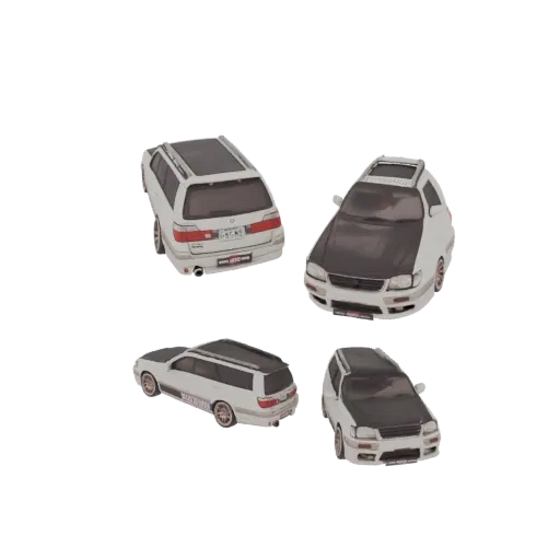 3D model of a white station wagon with a black hood, viewed from multiple angles.