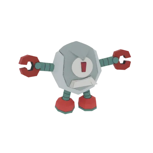 3D model of a polygonal robot with red grippers, a gray body, and a circular eye, set against a white background.