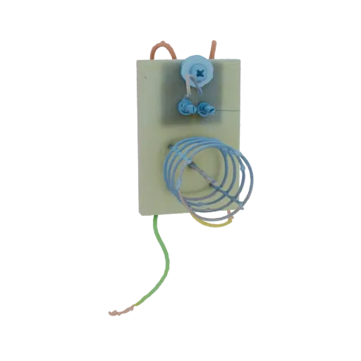 3D model of a retro electronic component with a cream base, blue connectors, a coiled wire, and green wire.