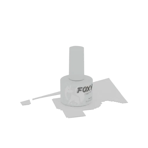 3D model of a Foxy brand nail polish bottle with a light gray finish and visible logo, set against a white background.