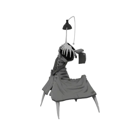 3D model of a creature with an anglerfish-like head topped by a lamp, and multiple spindly tentacle-like legs, rendered in gr