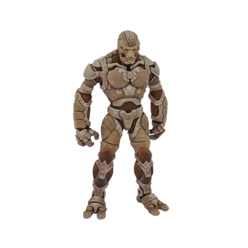 Rendering modello 3D di un Antico Guardiano Golem con pietra consumata e armatura metallica, in piedi stoicamente su sfondo n