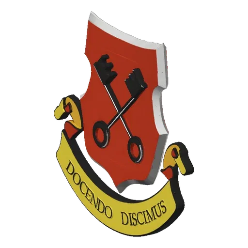 3D render of a coat of arms with a red shield, crossed black keys, yellow Viking ship accents, and a banner reading 'Docendo