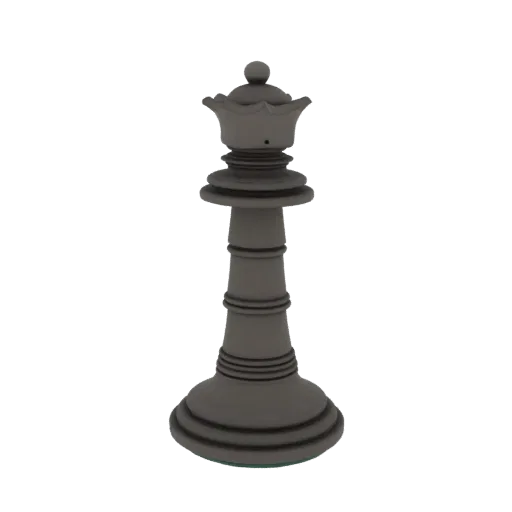 A 3D render of a classic queen chess piece with a detailed crown and a matte finish, set against a black background.