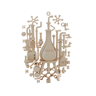 3D model of an intricate alchemy lab apparatus with flasks, tubes, and scientific symbols, rendered in a warm beige material.