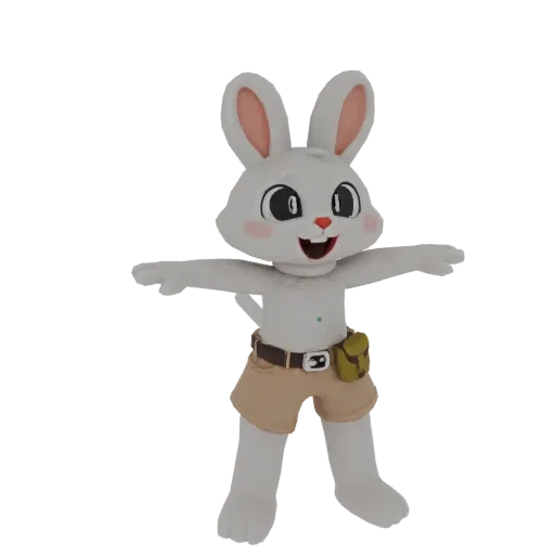 Modelo 3D de un personaje de conejo blanco con pantalones cortos de explorador y bolsillo utilitario, con los brazos extendid