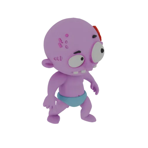 Una renderización 3D de un zombie bebé lindo, estilo caricatura, con piel morada, ojos grandes y pañal azul, de pie sobre un
