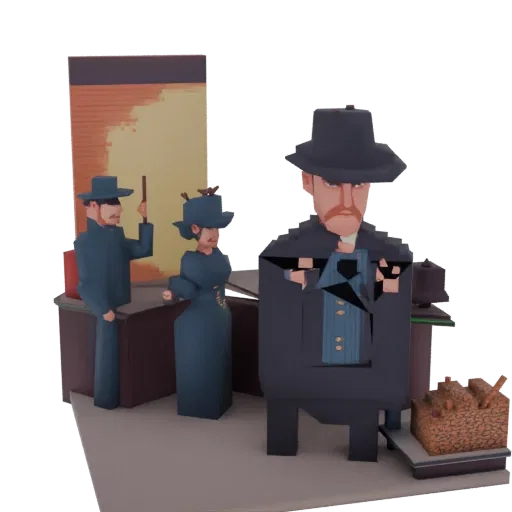 A low-poly 3D model of a Victorian detective trio, including a man in a fedora, a woman in a dress, and a third figure holdin