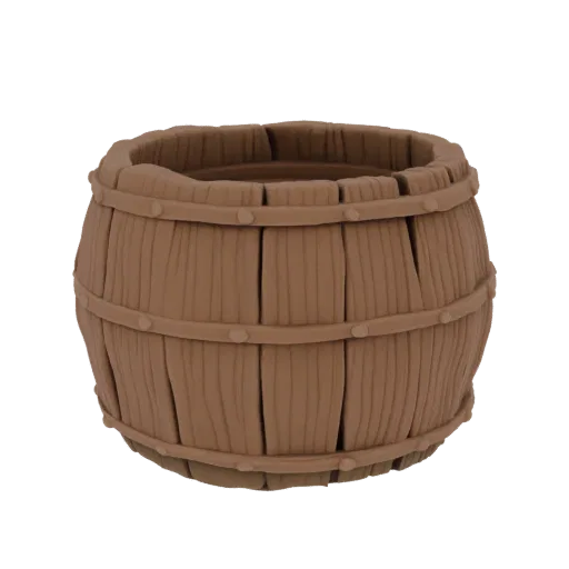 A 3D render of a classic wooden barrel with visible wood grain and metal bands, set against a black background.
