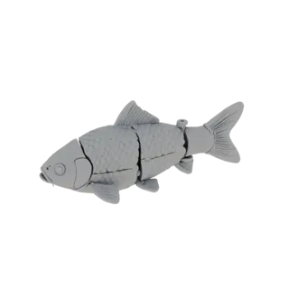 3D model of a segmented crucian carp with articulated joints, consisting of 6 parts, with detailed scales and fins.