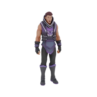 Modelo 3D de un personaje masculino estilizado con chaleco con capucha morado y pantalones grises, con expresión de boca abie