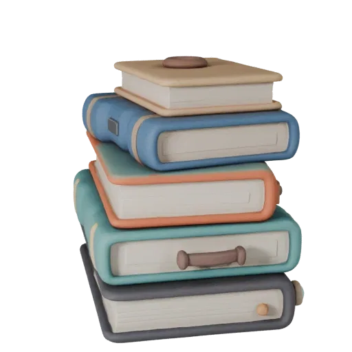 Moderner Bücherstapel stilisierter 3D-Modell, stilisierte isometrische Darstellung, zeigt Keramik, erkennbare Alltagsformen.