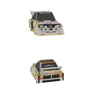 3D model of a white and yellow Audi Quattro rally car with sponsor decals, shown from a front-three-quarter view and a rear-t