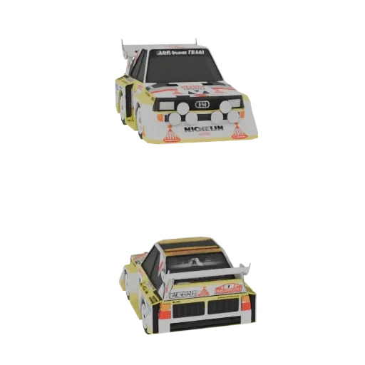 3D model of a white and yellow Audi Quattro rally car with sponsor decals, shown from a front-three-quarter view and a rear-t