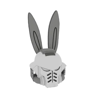 3D model of a futuristic helmet with large gray bunny ears and a detailed, vented faceplate, rendered in a light gray and dar