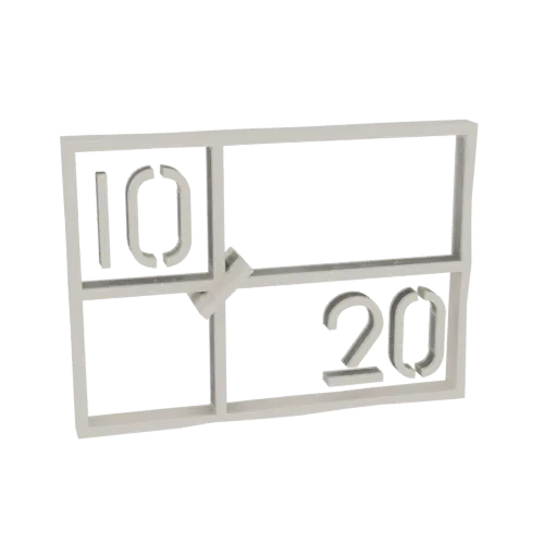 3D model of a modern white frame with digital display elements showing '10' and '20', against a black background.