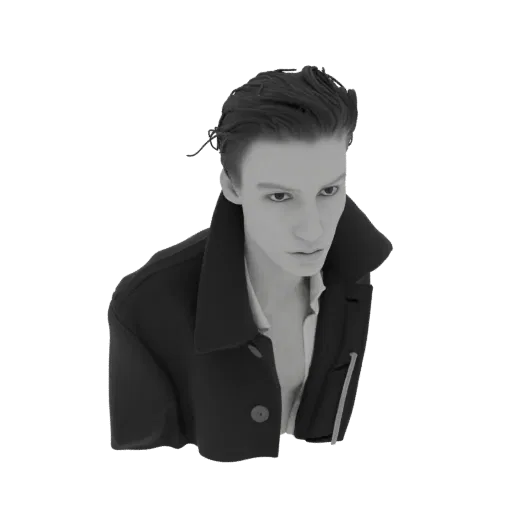 3D model of a stylish man wearing a black coat and white shirt, with dark, styled hair.