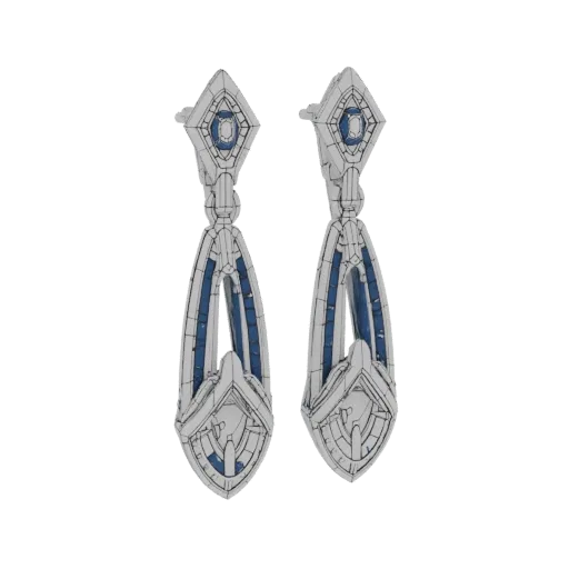 Un modèle 3D d'une paire de boucles d'oreilles pendantes Art Déco, présentant une ferrure géométrique argentée et des pierres
