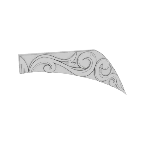 Uma renderização 3D de um suporte ornamentado com volutas com curvas intrincadas e fluidas e padrões decorativos, apresentado
