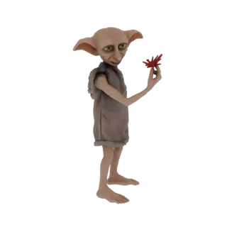 3D model of Dobby the House Elf from Harry Potter, standing and holding a small red leaf in his hand.