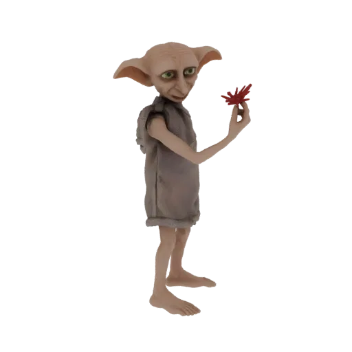 3D-Modell von Dobby dem Hauselfen aus Harry Potter, stehend und ein kleines rotes Blatt in der Hand haltend.