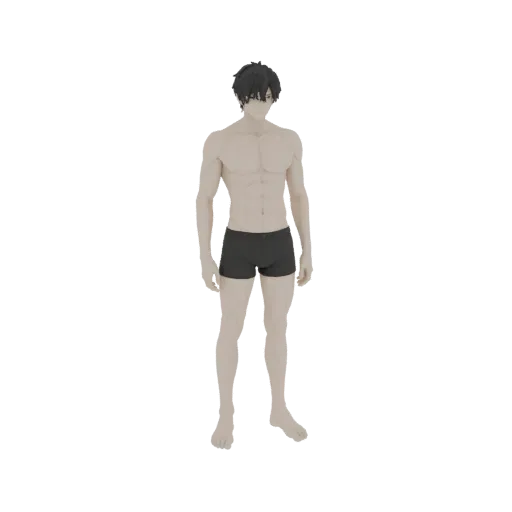 3D model of a muscular male figure with dark hair, wearing black briefs, standing against a white background.