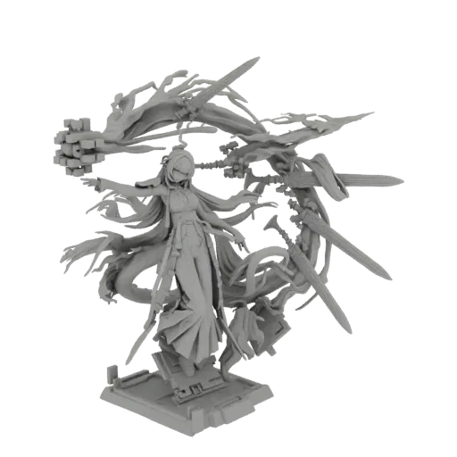 3D model of a mystic swordswoman with flowing robes and swords, presented on a base.