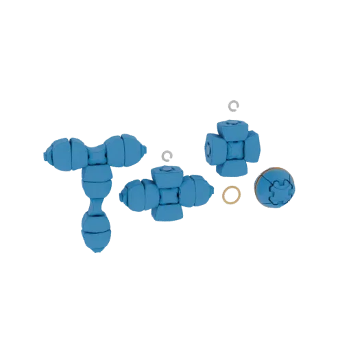 Rendu 3D de composants modulaires bleus interconnectés, ressemblant à des connecteurs futuristes ou des blocs de construction