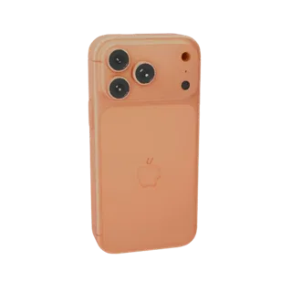 Ein 3D-Render eines konzeptionellen orangefarbenen iPhone 15 Pro, von hinten betrachtet, das sein Dreifach-Kamerasystem und d
