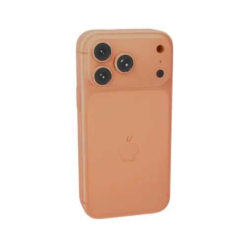 A 3D render of a conceptual orange iPhone 15 Pro, viewed from the back, showcasing its triple-lens camera system and Apple lo